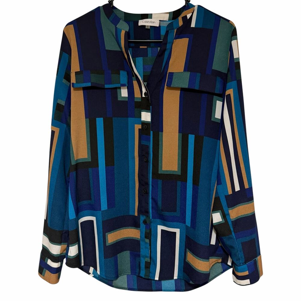 CALVIN KLEIN Abstract Print Button Down Blouse Blue Taupe Size Small Business